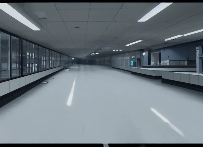 Image similar to in - game screenshot cctv footage of a large white empty breakroom with a security checkpoint, retrofuturist liminal space, familiar place, clean, black mold, amateur, unreal engine, photorealistic, trending on artstation