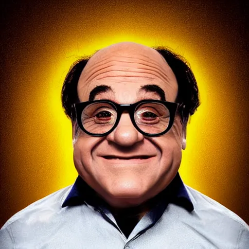 Image similar to digital art of portrait of danny devito, excited facial expression, head - and - shoulders shot, white background, cute pixar character, houdini 3 d render