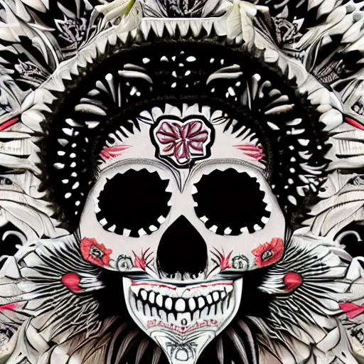 Image similar to new born baby, self - portrait, symmetry, intricate, dia de los muertos, skull mask, aztec ultra detailed feathered dress, 8 k resolution,