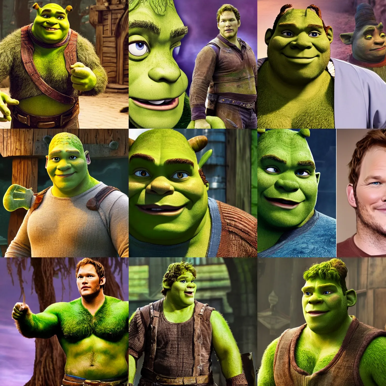 Prompt: Chris Pratt as Shrek, live action set photograph