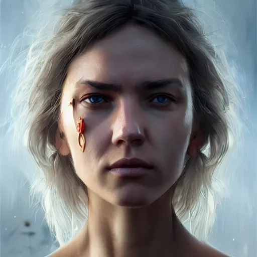 Image similar to a woman with muscles, digital art, photorealistic, unreal engine, 8 k resolution, artstation, beautiful face, pretty face, very detailed eyes, by wlop, greg rutkowski, simon bosley