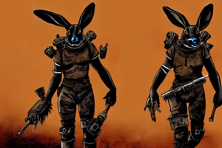 Image similar to a good ol'rabbit fursona ( from the furry fandom ), heavily armed and armored facing down armageddon in a dark and gritty version from the makers of mad max : fury road. witness me.