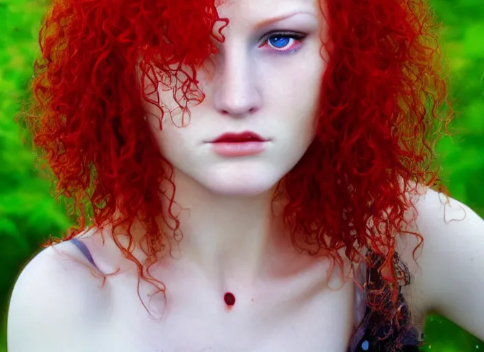 Image similar to award winning 5 5 mm close up face portrait photo of an anesthetic redhead with blood - red wavy hair and intricate eyes that look like gems, in a park by luis royo