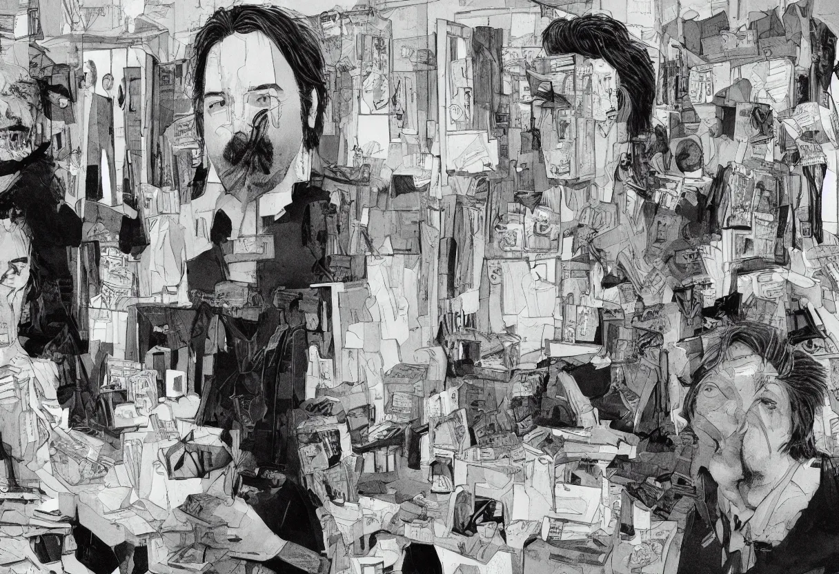 Image similar to high quality high detail cinematic graphic novel about bill hicks and charlie kaufman by gregory crewdson and francis bacon
