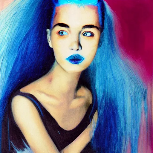 Prompt: portrait of young girl half dragon half human, blue hair, David Lynch