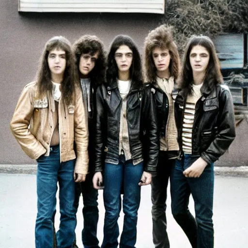 Image similar to Group of 19-year-old boys and girls with long permed wavy brown hair, leather jacket and denim jeans, holding electric guitars, 1987, thrash metal, heavy rock, super 8mm film
