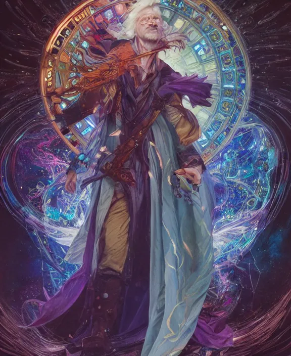 Prompt: a trading - card of a wizard surrounded by a whirlwind of magical particles ushing inside the metaverse, half body, fantasy, intricate, elegant, highly detailed, colorful, vivid color, digital painting, artstation, concept art, art by artgerm and greg rutkowski and alphonse mucha and ruan jia