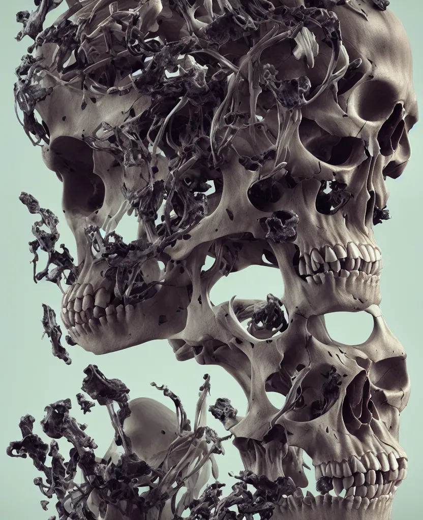 Image similar to composition of human skulls, animals skulls, bones, rib-cage and orchids, bioluminiscent, by Tooth Wu and wlop and beeple. octane render, trending on artstation, greg rutkowski very coherent symmetrical artwork. cinematic, hyper realism, high detail, octane render, 8k