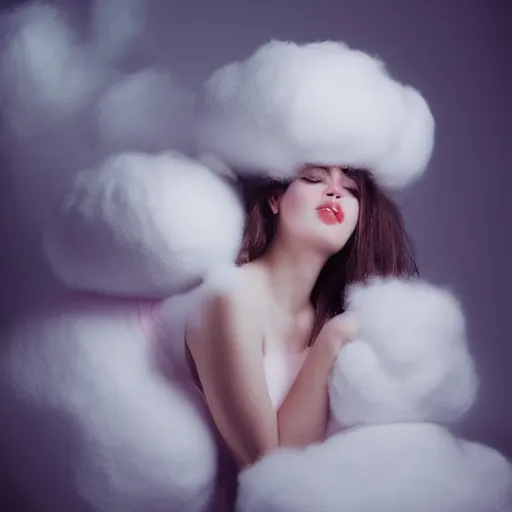 Image similar to portrait of pretty girl surrounded by large fluffy pink cotton balls, Dreamlike Portrait Photography by Ramak Bamzar