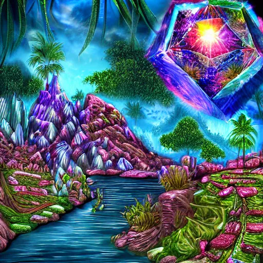 Image similar to A fantasy island filled with crystals, digital art