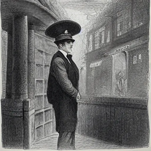 Image similar to detective wearing a black hat, street of Innsmouth, by gustave dore and william blake