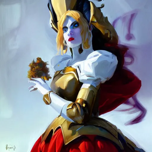 Image similar to greg manchess portrait painting of partially armored white queen from alice in wonderland as overwatch character, medium shot, asymmetrical, profile picture, organic painting, sunny day, matte painting, bold shapes, hard edges, street art, trending on artstation, by huang guangjian, gil elvgren, ruan jia, randy vargas, greg rutkowski