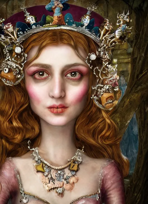 Image similar to closeup medieval otto dix face portrait of a fairytale princess wearing a crown eating cakes in the castle, bikini, depth of field, zeiss lens, detailed and intricate environment, fashion photoshoot by nicoletta ceccoli, mark ryden, lostfish, breathtaking, 8 k resolution, extremely detailed, beautiful, establishing shot, artistic, hyperrealistic, octane render