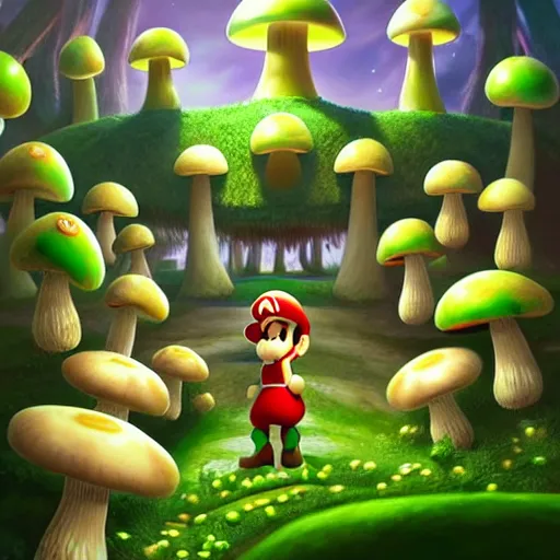 Image similar to mushroom kingdom from mario, digital art, giant green and white spotted mushrooms, at night, exotic flowers and plants, sprites, irina french, heraldo ortega, mandy jurgens trending on artstation 8 k 1 5 0 mpx