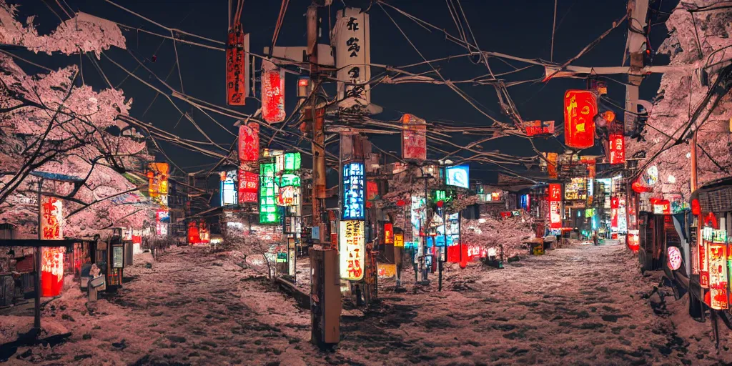 Image similar to a Japanese cyberpunk shrine, snowing, photograph,, sharp focus, intricate detail, drone shot, high resolution, 8k, neon streetlights, wires hanging down everywhere, Japan, colourful,,