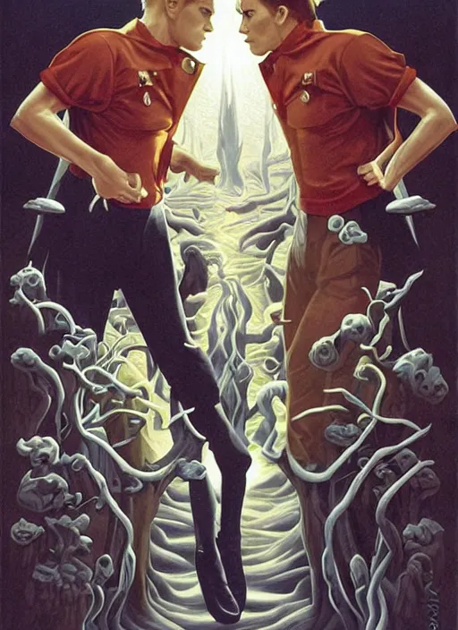 Image similar to twin peaks poster art, david bowie fighting his doppelganger gemini good and evil, old retro pulp, by michael whelan, rossetti bouguereau, artgerm, nostalgic, old fashioned