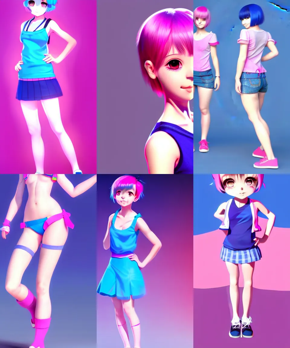 Prompt: girl with short blue hair and pink headband, full body shot, artstation, kyoani, high resolution, 4k, lighting