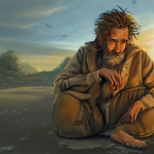 Image similar to clear portrait of homeless guy, adorable appearance!!!, golden hour, happy apearance, cottagecore!!, background hyper detailed, character concept, full body, dynamic pose, intricate, elegant, highly detailed, digital painting, artstation, concept art, smooth, sharp focus, illustration, art by artgerm and greg rutkowski and alphonse mucha