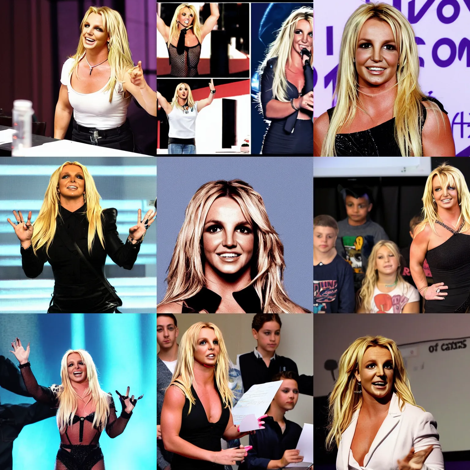 Prompt: britney spears teaching a class on quantum physics, photograph