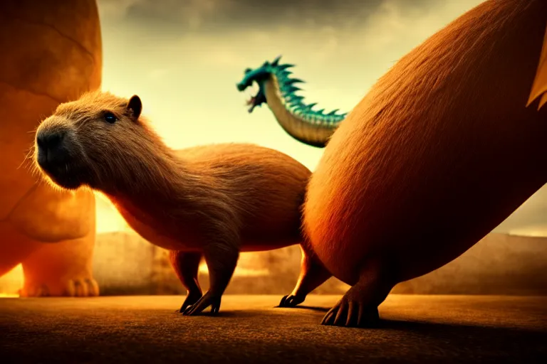 Prompt: a small capybara sits in front of a huge dragon that growls at it, ray tracing, octane render, digital art, realistic, high quality, 8 k