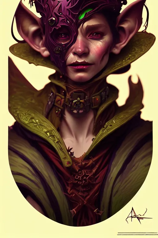 Image similar to beautiful goblin warlock, highly detailed, digital painting, artstation, sharp focus, illustration, art by tan zi and ayanamikodon and alphonse mucha and wlop
