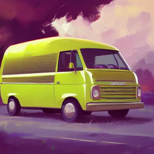 Prompt: retro painting illustration of a volswagen van, 2 d, pastel color, green, yellow, red, retro style art, trendy on artstation, by rhads