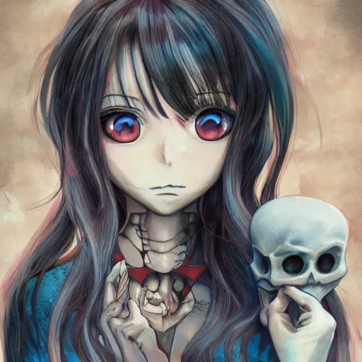 Image similar to manga fine details portrait of joyful skull girl, floeers in hair, Lizz Truss, skeleton. anime masterpiece by Studio Ghibli. 8k render, sharp high quality anime illustration in style of Ghibli, artstation