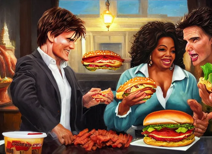 Image similar to portrait of oprah winfrey feeding tom cruise giant hamburgers, extra bacon lettuce and tomatoes, an oil painting by ross tran and thomas kincade