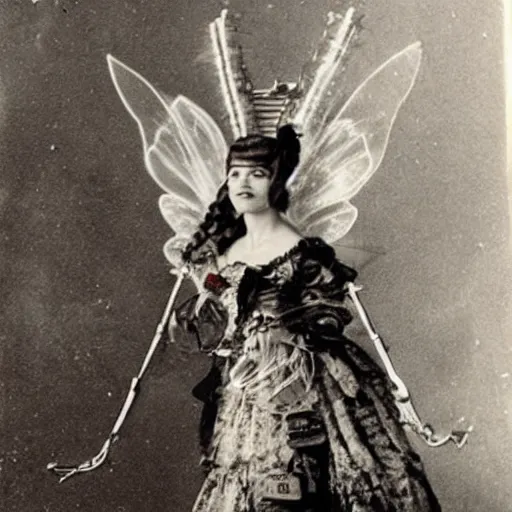 Image similar to recovered victorian photo of grimes as a cosmic steampunk fairy.