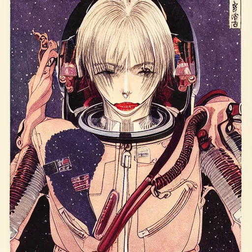 Image similar to portrait of female demon naraka astronaut painted in miyazaki color style drawn by katsuhiro otomo and takato yamamoto, high detail, intricate linework, sharp, smooth face, china doll face, high detail, manga and anime