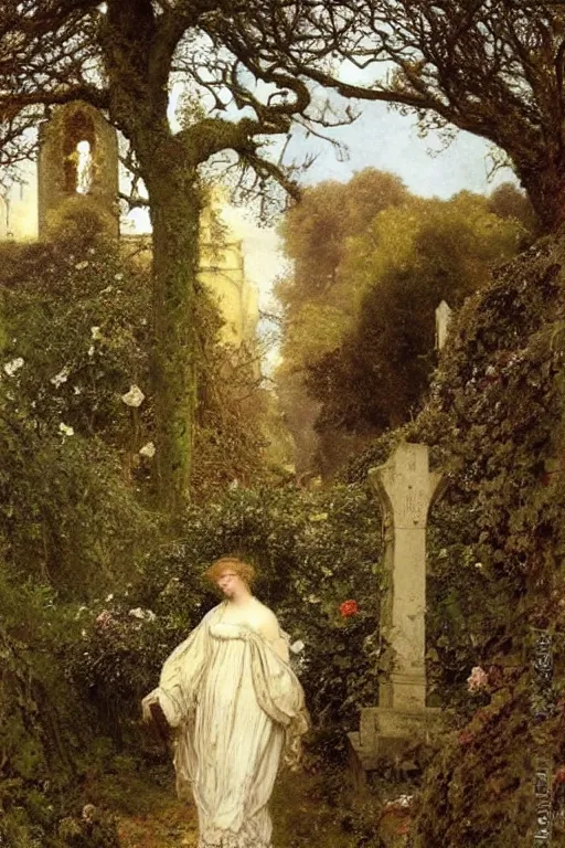 Prompt: a giant sketet in a magnificent dress walks along a cemetery along a path near a church in Manchester england, overgrown, weeds and ivy on the graves, an old twisted tree, a high stone wall, lawrence alma-tadema