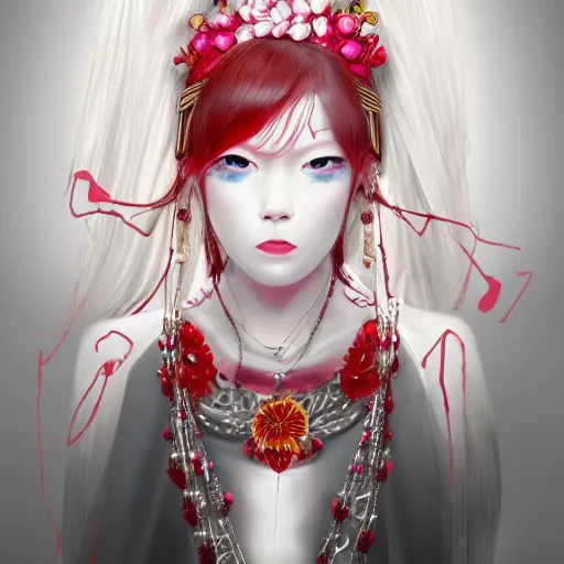 Prompt: albino maiko long hair, jewelry, sakura flower, red and white neon, concept art, intricate details, highly professionally detailed, cgsociety, highly detailed -