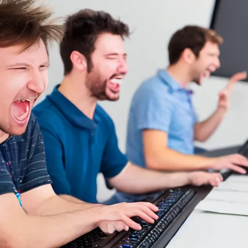 Image similar to several guys typing on keyboard while laughing very hard, mouth wide open, studio light, photorealsitic