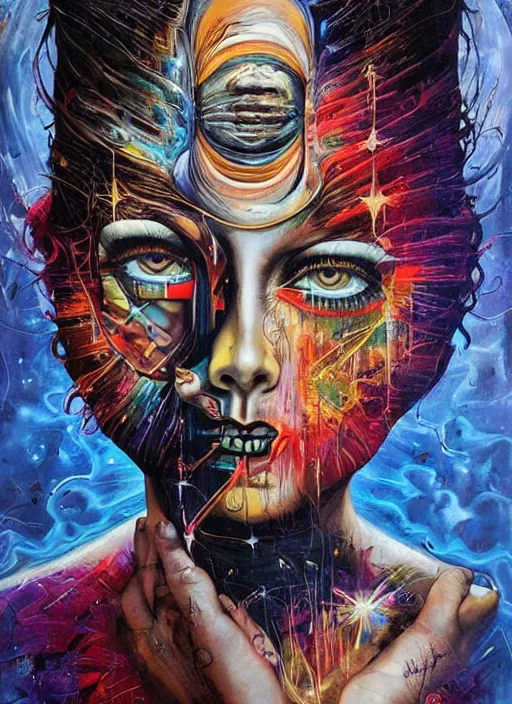 Prompt: incredible magic cult psychic woman, symmetrical painted face, third eye, energetic consciousness psychedelic, epic surrealism expressionism symbolism, story telling, iconic, dark robed, oil painting, layers on layers on layers, dark myth mythos, by Sandra Chevrier , Bruce Pennington, masterpiece