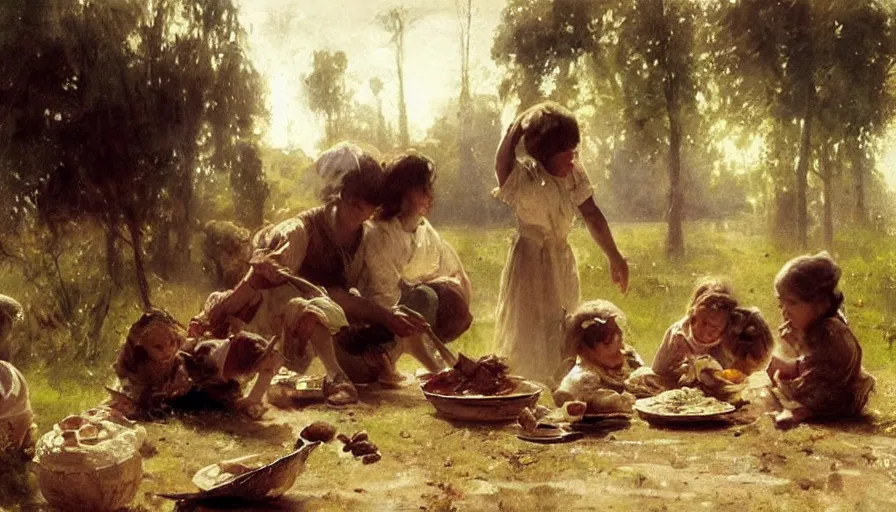 Image similar to simple villager and children about to eat a meal together, art by anders zorn, wonderful masterpiece by greg rutkowski, beautiful cinematic light, american romanticism thomas lawrence, greg rutkowski