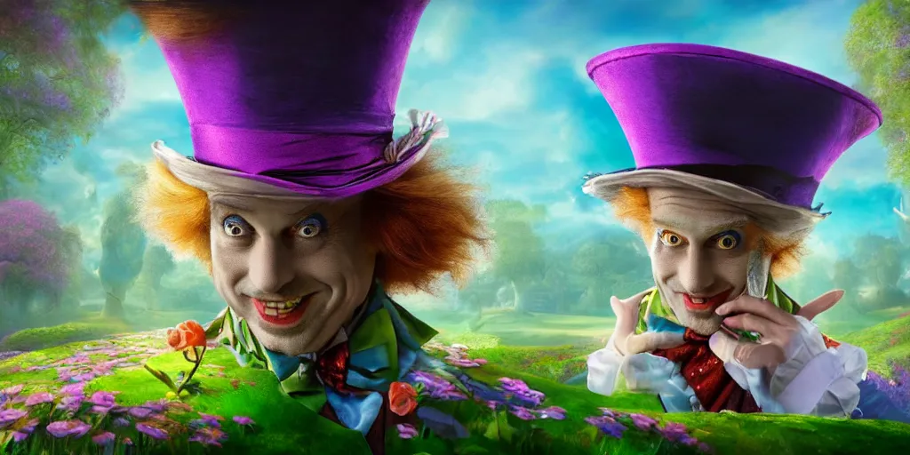 Image similar to The Mad Hatter landscape portrait, Alice in wonderland, colorful, wide angle, super highly detailed, professional digital painting, artstation, concept art, smooth, sharp focus, no blur, no dof, extreme illustration, Unreal Engine 5, Photorealism, HD quality, 8k resolution, cinema 4d, 3D, beautiful, cinematic, art by artgerm and greg rutkowski and alphonse mucha and loish and WLOP