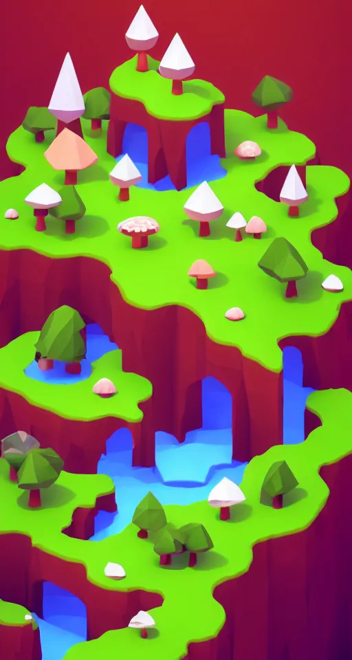 Image similar to a cute little matte low poly isometric mushroom island, waterfalls, lat lighting, soft shadows, trending on artstation, 3d render, monument valley, fez video game,