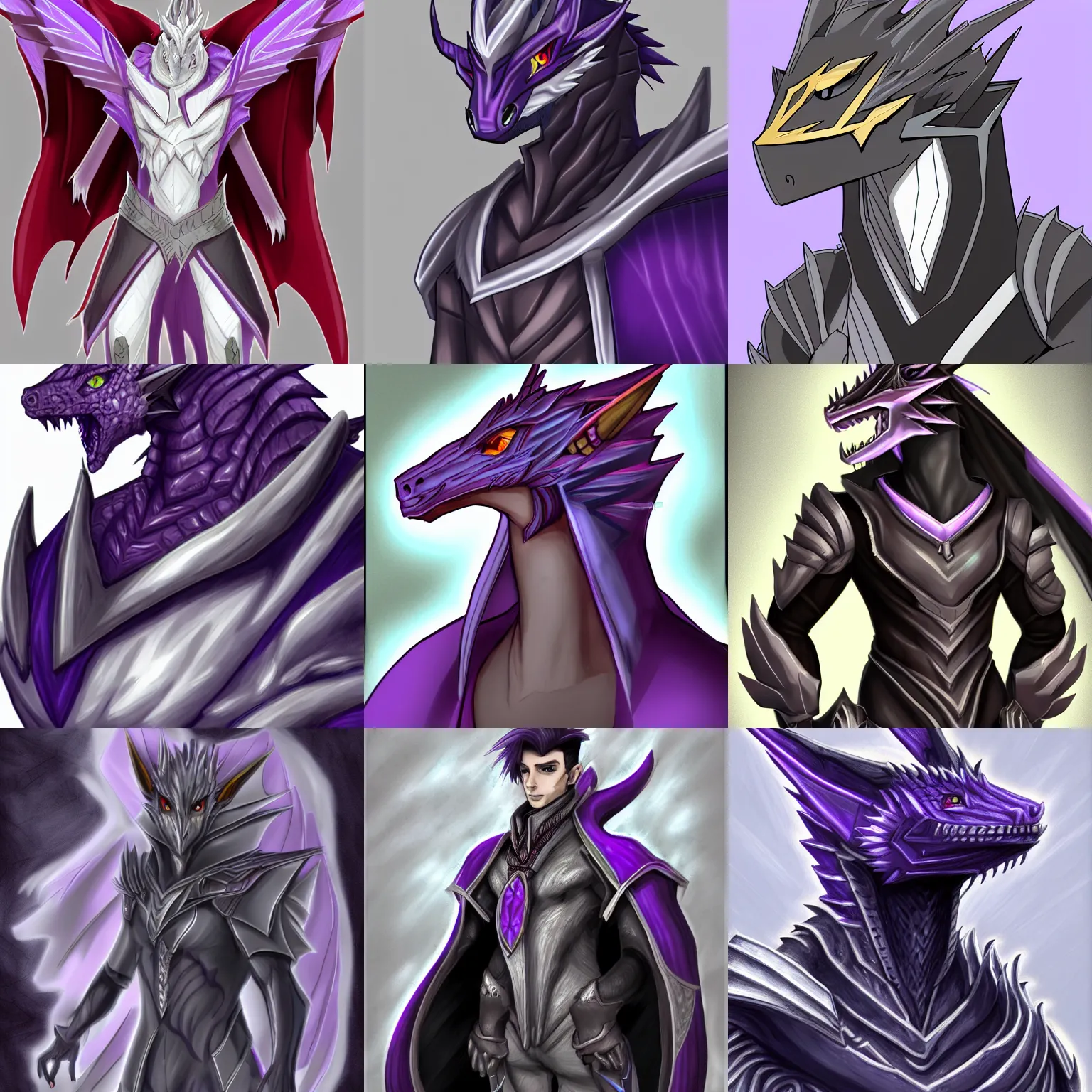 Prompt: half body portrait of a handsome young silver dragon, sharp angular draconic features, male, wearing a luxurious tyrian purple cloak, commission on furaffinity, artstation, high quality colored sketch