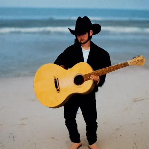 Prompt: photo of a fuzzy panda wearing a cowboy hat and black leather jacket playing a guitar on a beach cinestill, 8 0 0 t, 3 5 mm, full - hd