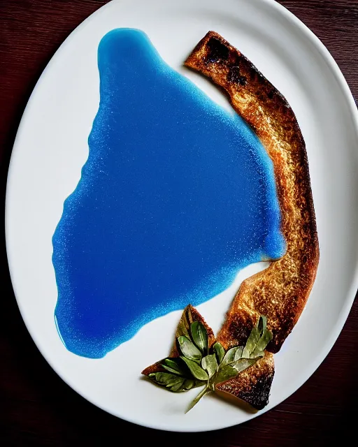 Image similar to elegant fancy food photography of dish consisting of a toast with blue liquid spread over it in a michelin star restaurant,