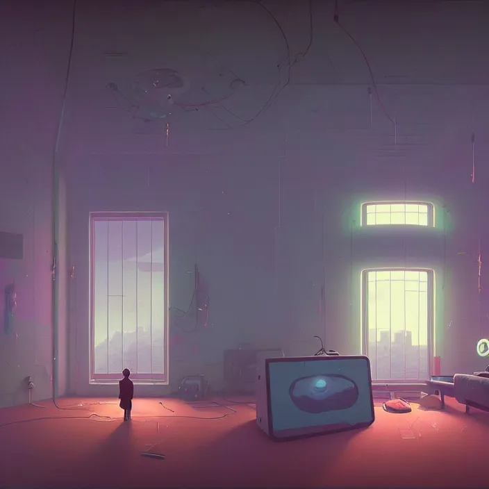 Prompt: inside a room eye of providence Lain Tomas Sanchez surrealism Simon Stålenhag