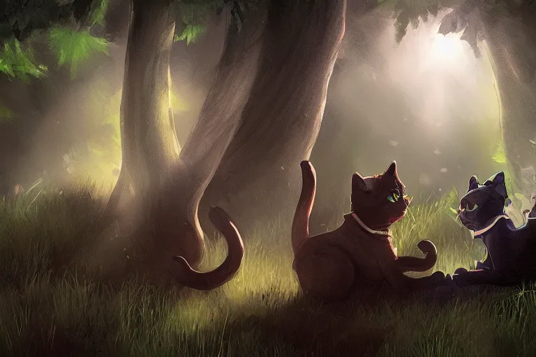 Image similar to two cats fighting in the dark forest, dramatic, backlighting, trending on artstation, digital art, trending on furaffinity, by wayne mcloughlin