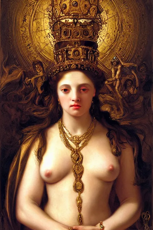 Image similar to hyper realistic painting portrait of the queen of saturn, occult diagram, elaborate details, rococo, baroque, gothic, intrincate ornaments, gold decoration, caligraphy, occult art, illuminated manuscript, oil painting, art noveau, in the style of roberto ferri, gustav moreau, waterhouse and bussiere