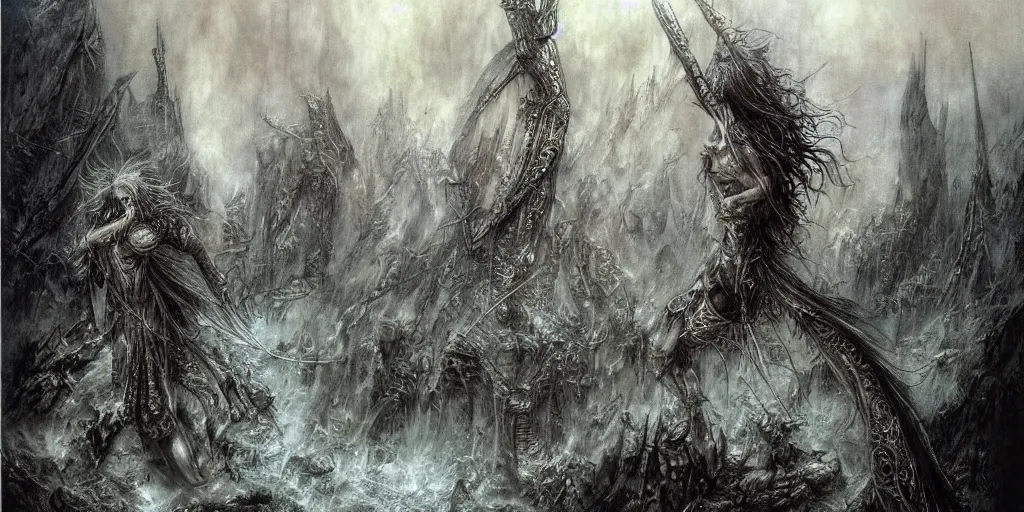 Image similar to the world collapsing on itself painted by luis royo