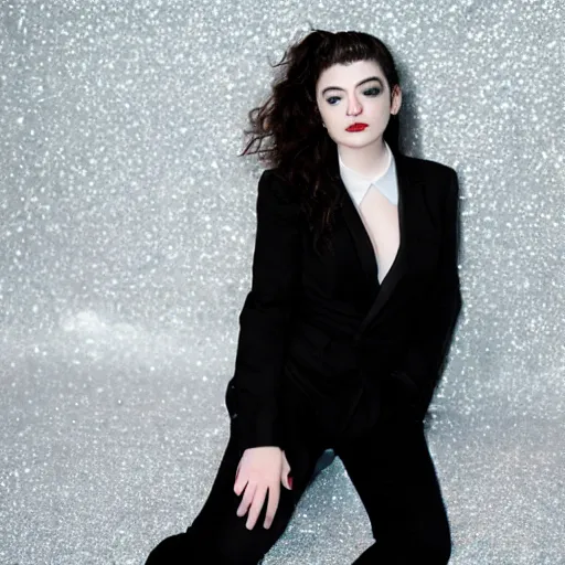 Prompt: lorde photoshoot for rolling stone magazine, glitter eye makeup, black suit jacket, white bodysuit, black dress pants, black platform heels, highly detailed with sunset backdrop and vintage props. 4 k, photo realistic,