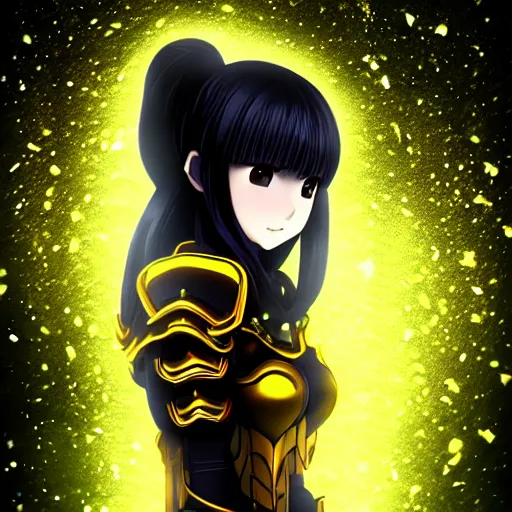 Image similar to focus face portrait of beautiful darkness knight 3D anime girl, golden armor wearing, dark forest background, snowing, bokeh, inspired by Masami Kurumada, digital painting, high contrast, unreal engine render, volumetric lighting, high détail