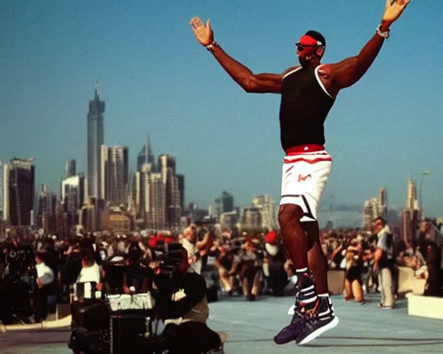 Image similar to dennis rodman t-posing in the air like jordan. he is flying over the city like a delicate little dove. windmill dunk.