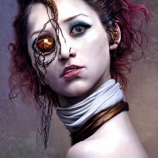 Image similar to portrait of a Shibari rope wrapped face and neck, headshot, insanely nice professional hair style, dramatic hair color, digital painting, of a old 17th century, old cyborg merchant, amber jewels, baroque, ornate clothing, scifi, realistic, hyperdetailed, chiaroscuro, concept art, art by Franz Hals and Jon Foster and Ayami Kojima and Amano and Karol Bak,