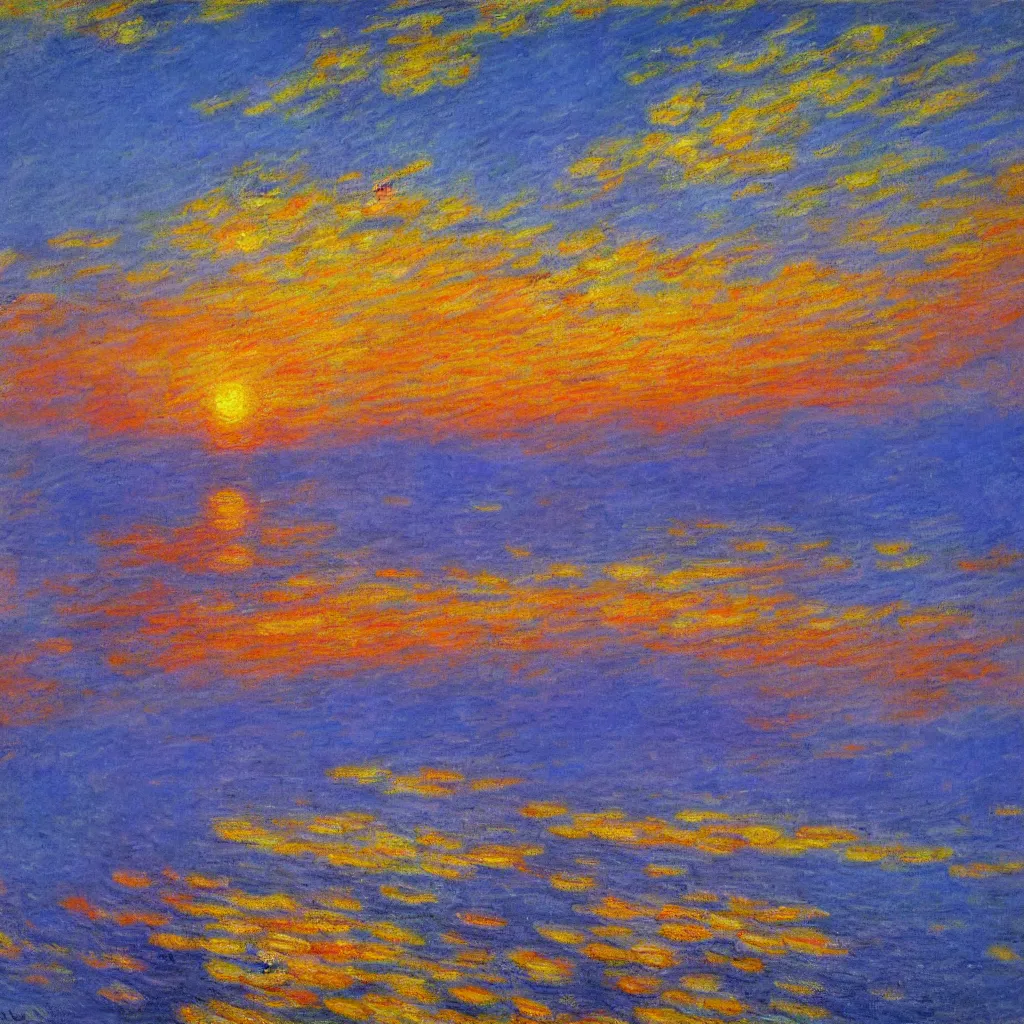 Prompt: an impasto oil painting of a stunning, colorful sunset painted by claude monet, complementary colors, golden ratio