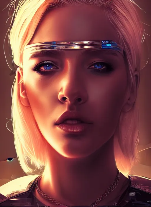 Image similar to photo of a gorgeous blonde female in cyberpunk city, realistic, sharp focus, 8 k high definition, insanely detailed, intricate, elegant, artgerm, greg kutkowski, high contrast dramatic lighting